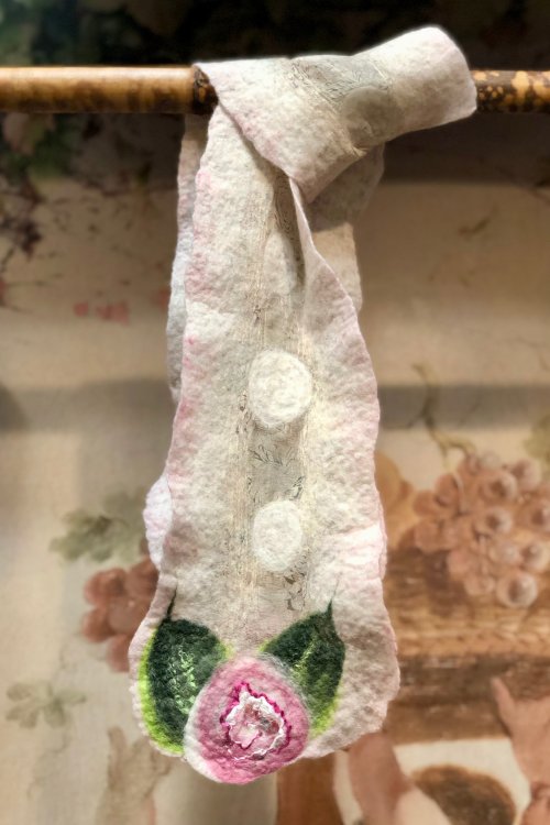 Agnes Foss - Felted Merino Scarf - Pink Roses on White Background with Silk Inserts 